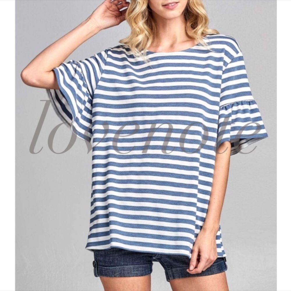 🇺🇸 Short Sleeve Ruffle Sleeve Striped Top Blouse - Picture 2 of 5